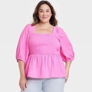 Ava & Viv Pink Puff Elbow Sleeve Peplum Shirt